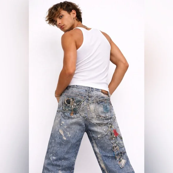 Streetwear Graphic Chain Print Wide Leg Jeans Men M 33 Boho Relaxed Denim NWT - Picture 3 of 13
